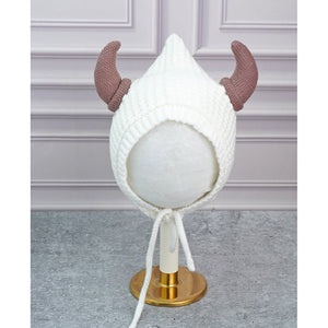 White Baby Horns Knitted soft Woolen Winter Cap with tie up, 6 - 18 months - 6 - 18 Months Winter Wear