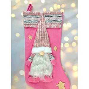 White Beard Pink Gnome Christmas Stocking, 16 inches - XMAS STOCKINGS