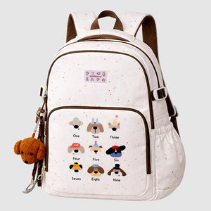 White Colorful Dots Doggy Print Backpack with Detachable Plush Dog Keychain for Kids - Back To School