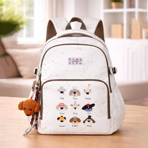 White Colorful Dots Doggy Print Backpack with Detachable Plush Dog Keychain for Kids - Back To School
