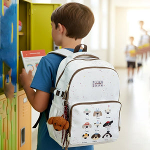 White Colorful Dots Doggy Print Backpack with Detachable Plush Dog Keychain for Kids - Back To School