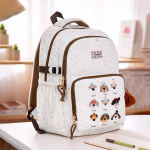 White Colorful Dots Doggy Print Backpack with Detachable Plush Dog Keychain for Kids - Back To School