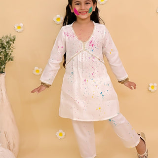 White Lotus Girls Kurta Pajama Set - 0 - 6 Months Girls Ethnic Set