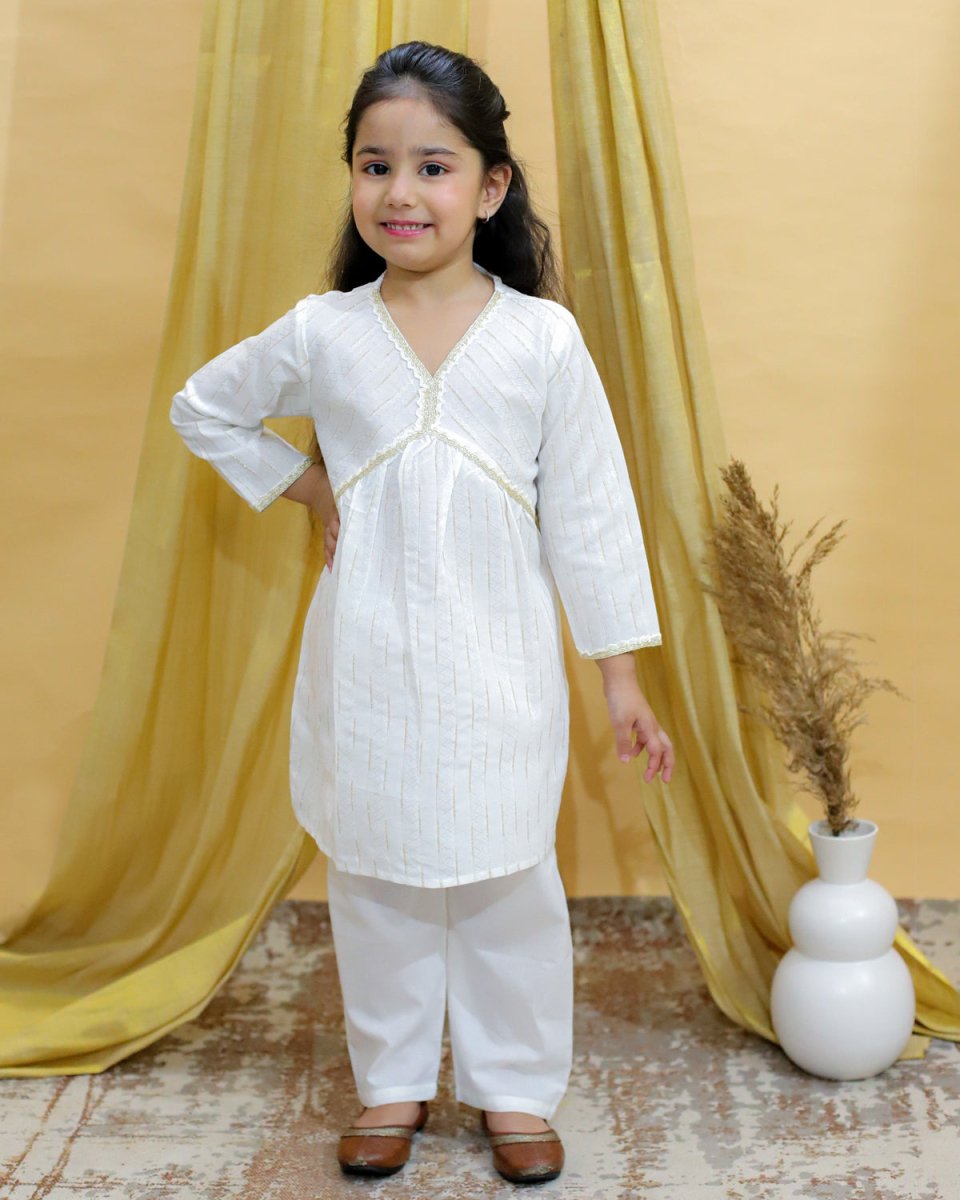 White Lotus Girls Kurta Pajama Set - KES-BK-WHLT-6-12