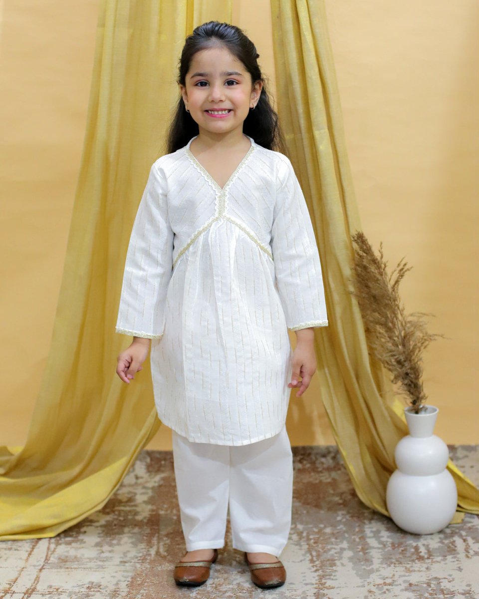 White Lotus Girls Kurta Pajama Set - KES-BK-WHLT-6-12