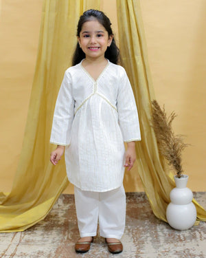White Lotus Girls Kurta Pajama Set - KES-BK-WHLT-6-12