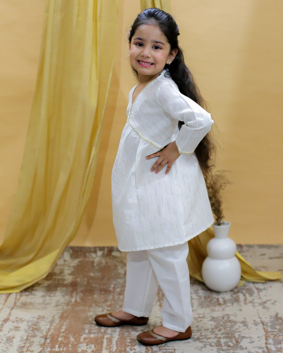 White Lotus Girls Kurta Pajama Set - KES-BK-WHLT-6-12