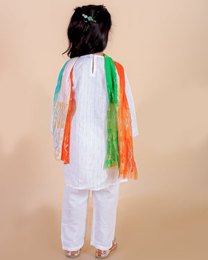 White Lotus Girls Kurta Pajama Set with Tiranga Dupatta - 0 - 6 Months Girls Ethnic Set