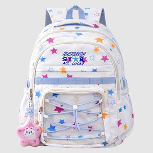 White Multicolor Star Print with Front Bungee Pocket School Backpack with Detachable Plush Star Keychain & Star Pins for Kids - Back To School