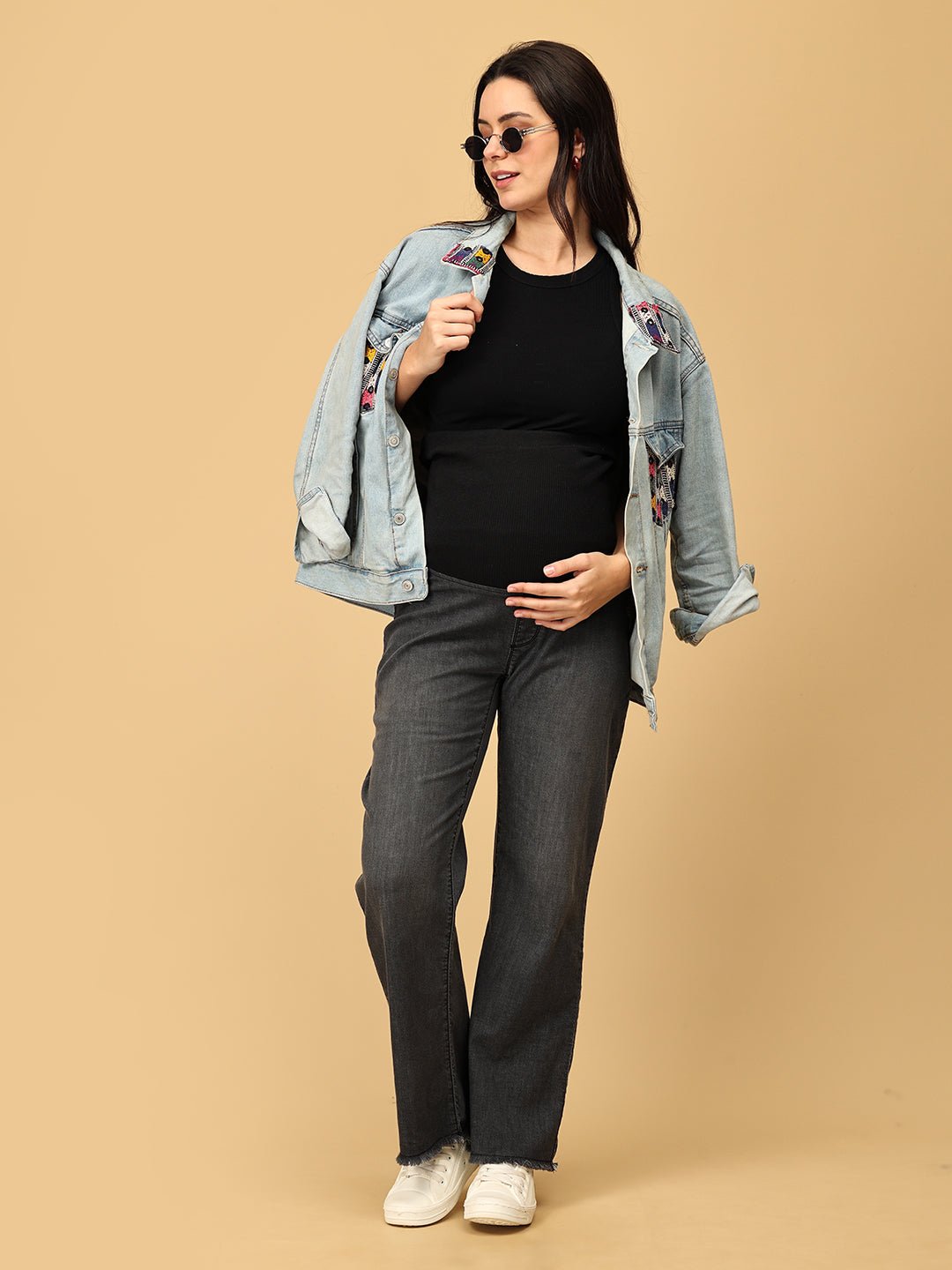 Wide Leg Maternity Denim with Belly Support - Black - MDD - KS - WIDL - S