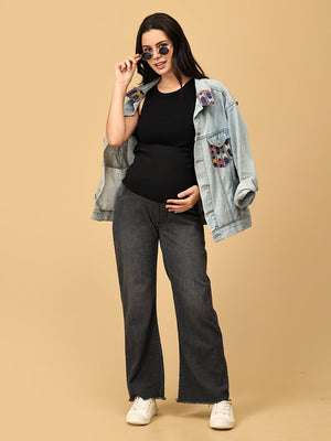 Wide Leg Maternity Denim with Belly Support - Black - MDD - KS - WIDL - S
