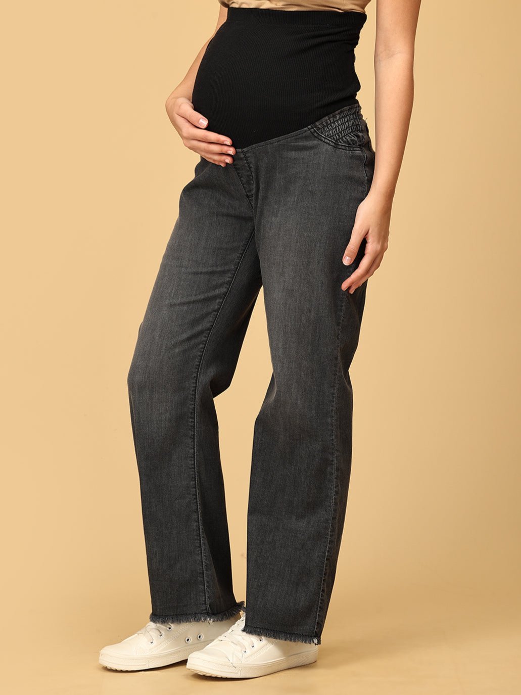 Wide Leg Maternity Denim with Belly Support - Black - MDD - KS - WIDL - S