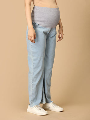 Wide Leg Maternity Denim with Belly Support: Light Wash - Blue - MDD - KS - WDBL - S