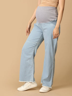 Wide Leg Maternity Denim with Belly Support: Light Wash - Blue - MDD - KS - WDBL - S