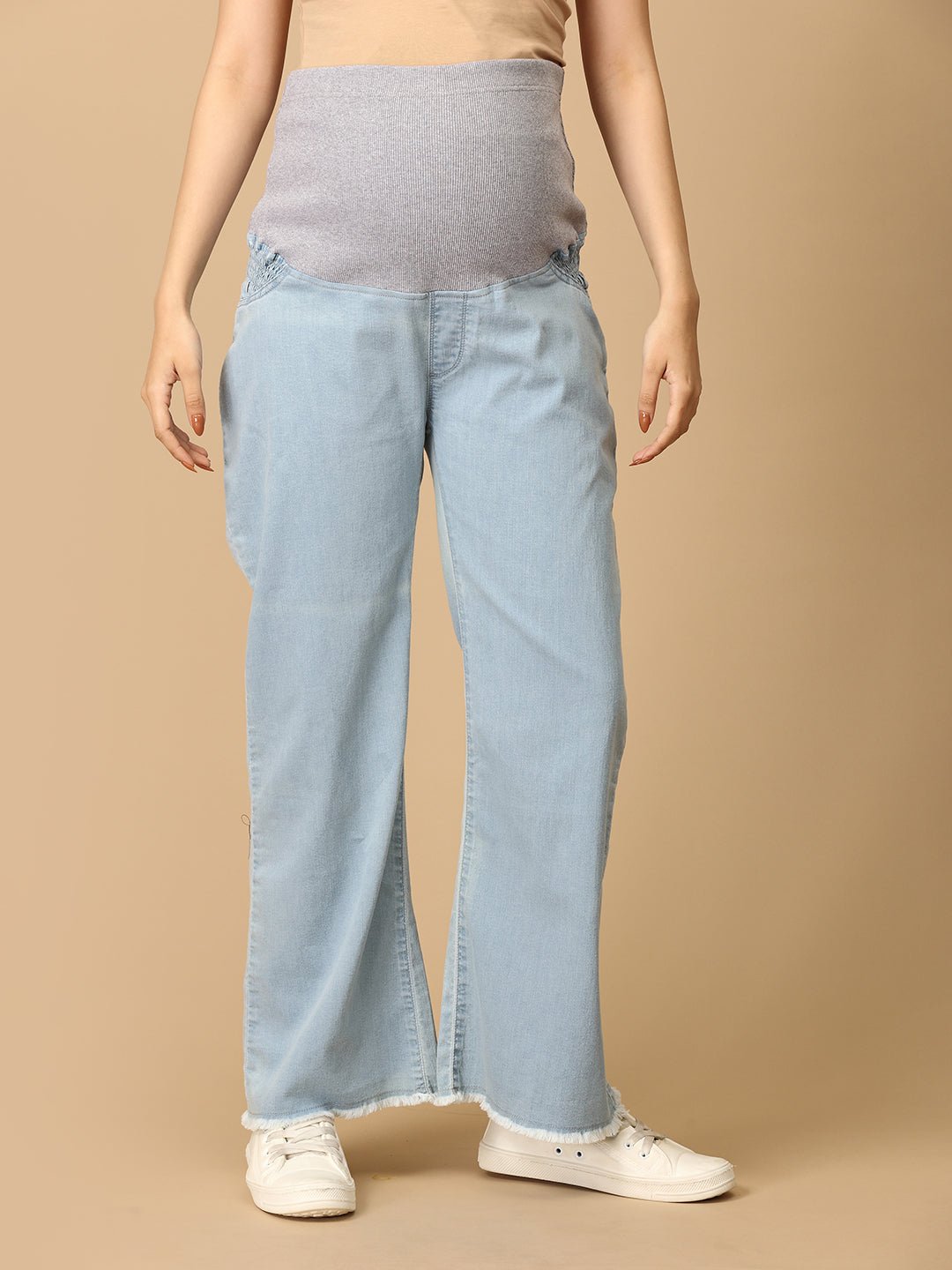 Wide Leg Maternity Denim with Belly Support: Light Wash - Blue - MDD - KS - WDBL - S
