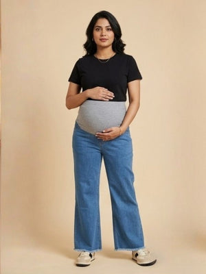 Wide Leg Maternity Denim with Belly Support: Mid Blue - S Maternity Denims
