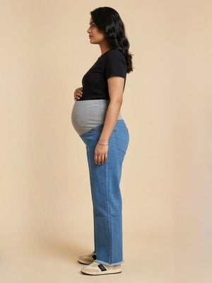 Wide Leg Maternity Denim with Belly Support: Mid Blue - S Maternity Denims