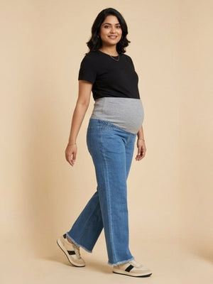 Wide Leg Maternity Denim with Belly Support: Mid Blue - S Maternity Denims