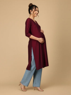 Wine Embroidered Maternity And Nursing Silk Kurta - S Maternity Ethnic Wear