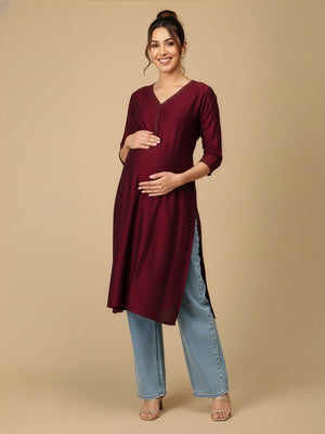 Wine Embroidered Maternity And Nursing Silk Kurta - S Maternity Ethnic Wear