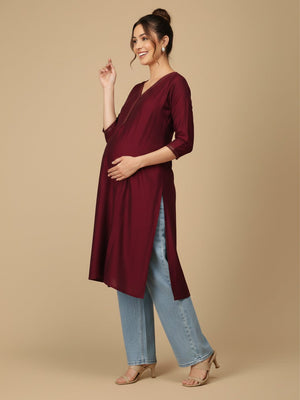 Wine Embroidered Maternity And Nursing Silk Kurta - S Maternity Ethnic Wear