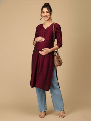 Wine Embroidered Maternity And Nursing Silk Kurta - S Maternity Ethnic Wear