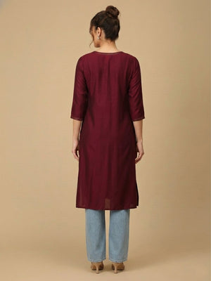 Wine Embroidered Maternity And Nursing Silk Kurta - S Maternity Ethnic Wear