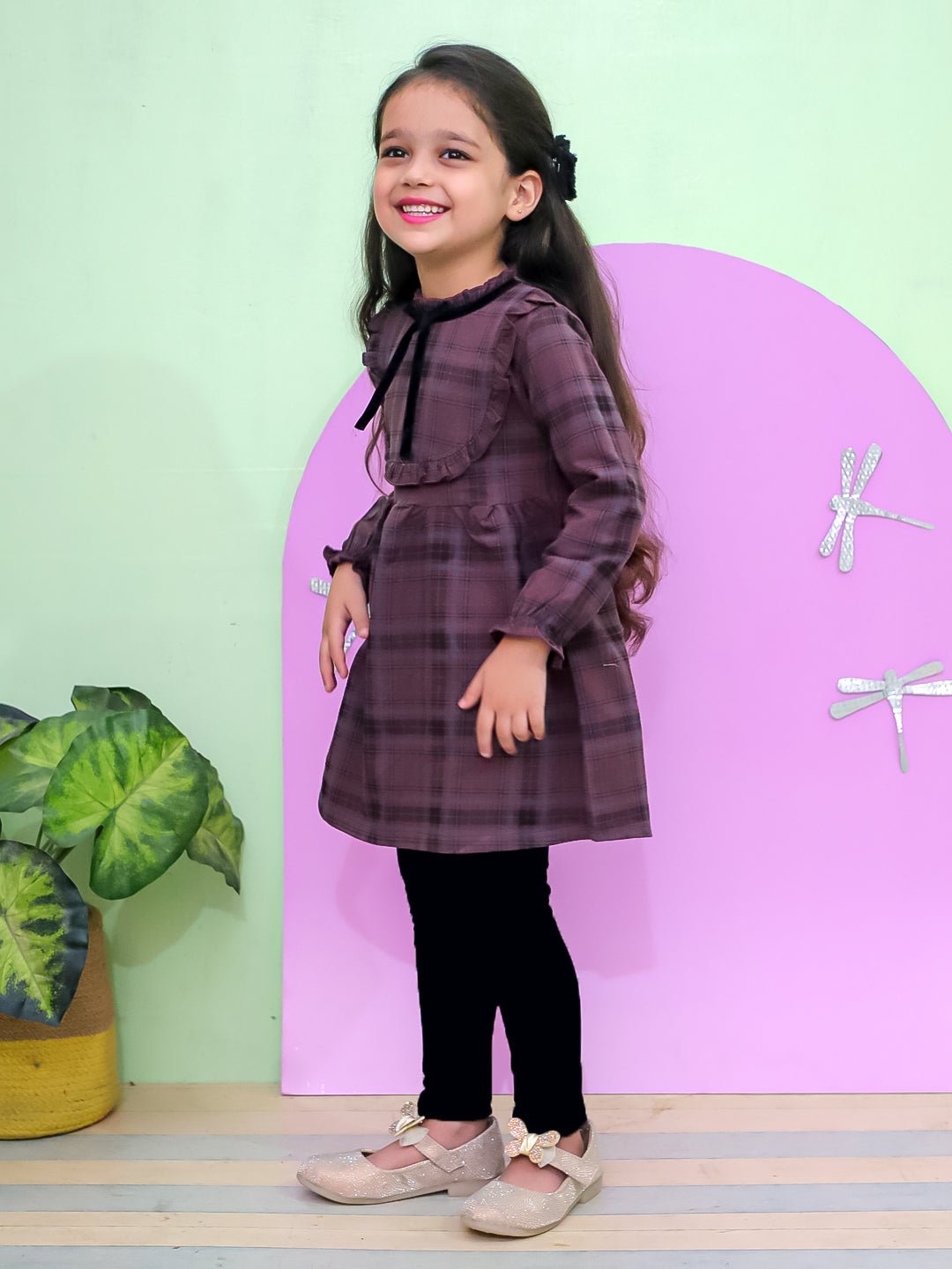 Wine Plaid Flannel Girls Winter Dress