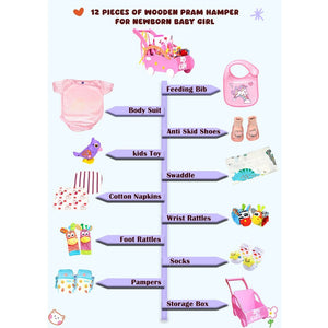 Wooden Pram Hamper for Newborn Baby Girl (0 - 12months) - Little Surprise BoxWooden Pram Hamper for Newborn Baby Girl (0 - 12months)