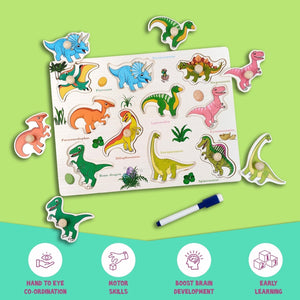 Wudly Dinosaur Knob Puzzle Board with Whiteboard | The Mom Store - Wooden Puzzles