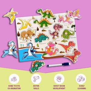 Wudly Dinosaur Puzzle Board with Whiteboard - 2 - in - 1 Toy | The Mom Store - Wooden Puzzles