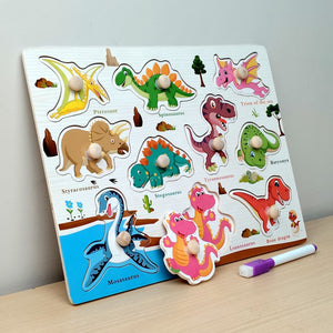 Wudly Dinosaur Puzzle Board with Whiteboard - 2 - in - 1 Toy | The Mom Store - Wooden Puzzles