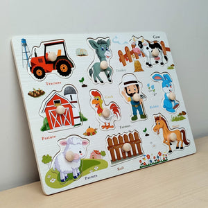 Wudly Farm Theme Knob Puzzle Board with Whiteboard | The Mom Store - Wooden Puzzles