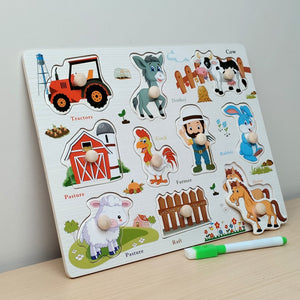 Wudly Farm Theme Knob Puzzle Board with Whiteboard | The Mom Store - Wooden Puzzles