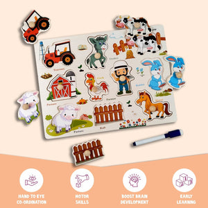 Wudly Farm Theme Knob Puzzle Board with Whiteboard | The Mom Store - Wooden Puzzles