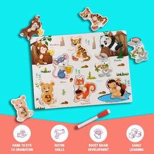 Wudly Jungle Animal Knob Puzzle Board with Whiteboard | The Mom Store - Wooden Puzzles