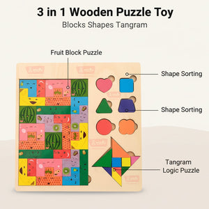 Wudly Wooden 3 in 1 Puzzle Board for Kids | Vehicle Puzzle + Shape Sorting + Tangram Game - Wooden Puzzles