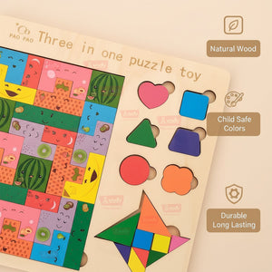 Wudly Wooden 3 in 1 Puzzle Board for Kids | Vehicle Puzzle + Shape Sorting + Tangram Game - Wooden Puzzles