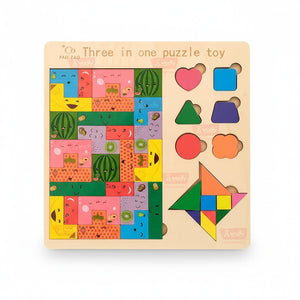 Wudly Wooden 3 in 1 Puzzle Board for Kids | Vehicle Puzzle + Shape Sorting + Tangram Game - Wooden Puzzles
