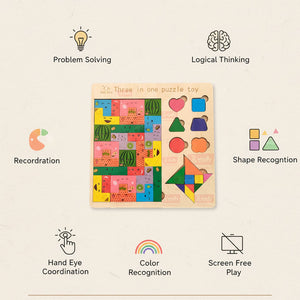 Wudly Wooden 3 in 1 Puzzle Board for Kids | Vehicle Puzzle + Shape Sorting + Tangram Game - Wooden Puzzles