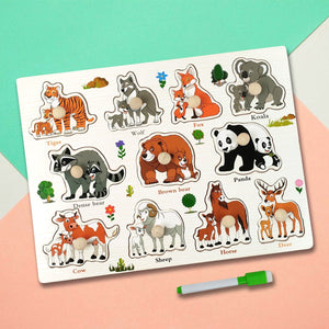 Wudly Wooden Animal Puzzle Board with Whiteboard for Kids - Wooden Puzzles
