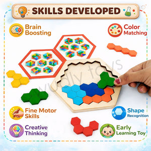 Wudly Wooden Hexagon Puzzle Board for Kids Honeycomb Shape - Wooden Puzzles