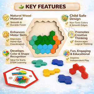 Wudly Wooden Hexagon Puzzle Board for Kids Honeycomb Shape - Wooden Puzzles
