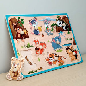 Wudly Wooden Jungle Animals Knob Puzzle for Kids - Wooden Puzzles