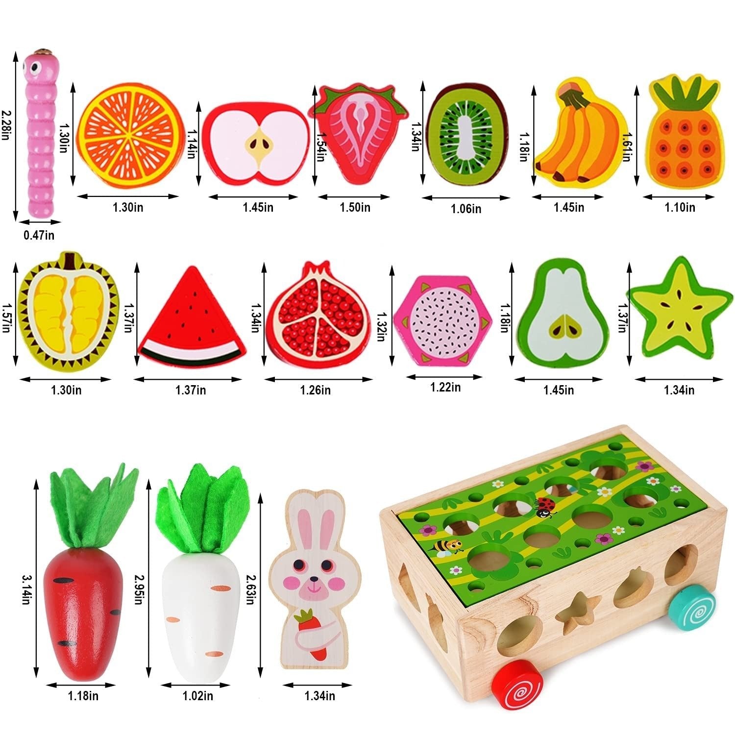 Wudly Wooden Montessori Fine Motor Toys for Baby Toddler, Wooden Shape Sorter Carrot Harvest Game, Preschool Learning Educational Toys for 2+ Years old kids. (Set of 32 pcs) Child Safe Certified. (Multi colors) - CR - 1309