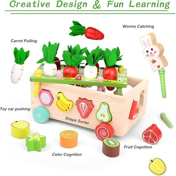 Wudly Wooden Montessori Fine Motor Toys for Baby Toddler, Wooden Shape Sorter Carrot Harvest Game, Preschool Learning Educational Toys for 2+ Years old kids. (Set of 32 pcs) Child Safe Certified. (Multi colors) - CR - 1309