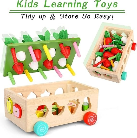 Wudly Wooden Montessori Fine Motor Toys for Baby Toddler, Wooden Shape Sorter Carrot Harvest Game, Preschool Learning Educational Toys for 2+ Years old kids. (Set of 32 pcs) Child Safe Certified. (Multi colors) - CR - 1309