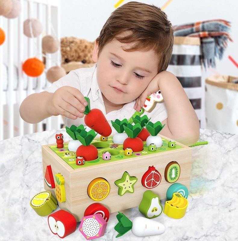 Wudly Wooden Montessori Fine Motor Toys for Baby Toddler, Wooden Shape Sorter Carrot Harvest Game, Preschool Learning Educational Toys for 2+ Years old kids. (Set of 32 pcs) Child Safe Certified. (Multi colors) - CR - 1309