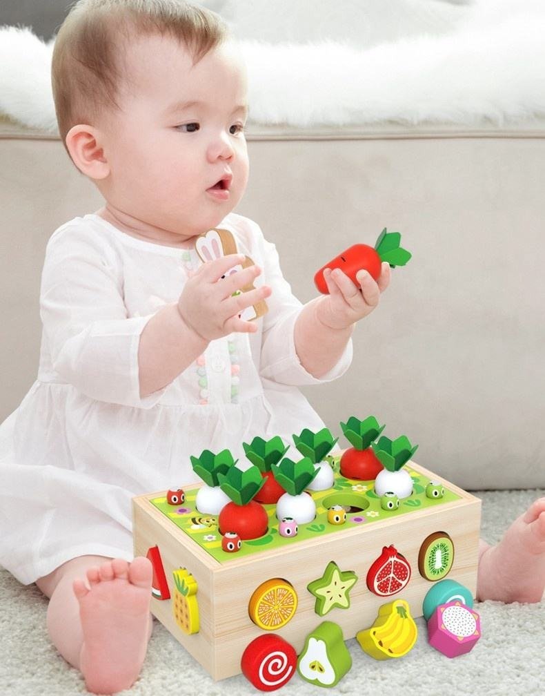 Wudly Wooden Montessori Fine Motor Toys for Baby Toddler, Wooden Shape Sorter Carrot Harvest Game, Preschool Learning Educational Toys for 2+ Years old kids. (Set of 32 pcs) Child Safe Certified. (Multi colors) - CR - 1309