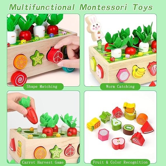 Wudly Wooden Montessori Fine Motor Toys for Baby Toddler, Wooden Shape Sorter Carrot Harvest Game, Preschool Learning Educational Toys for 2+ Years old kids. (Set of 32 pcs) Child Safe Certified. (Multi colors) - CR - 1309